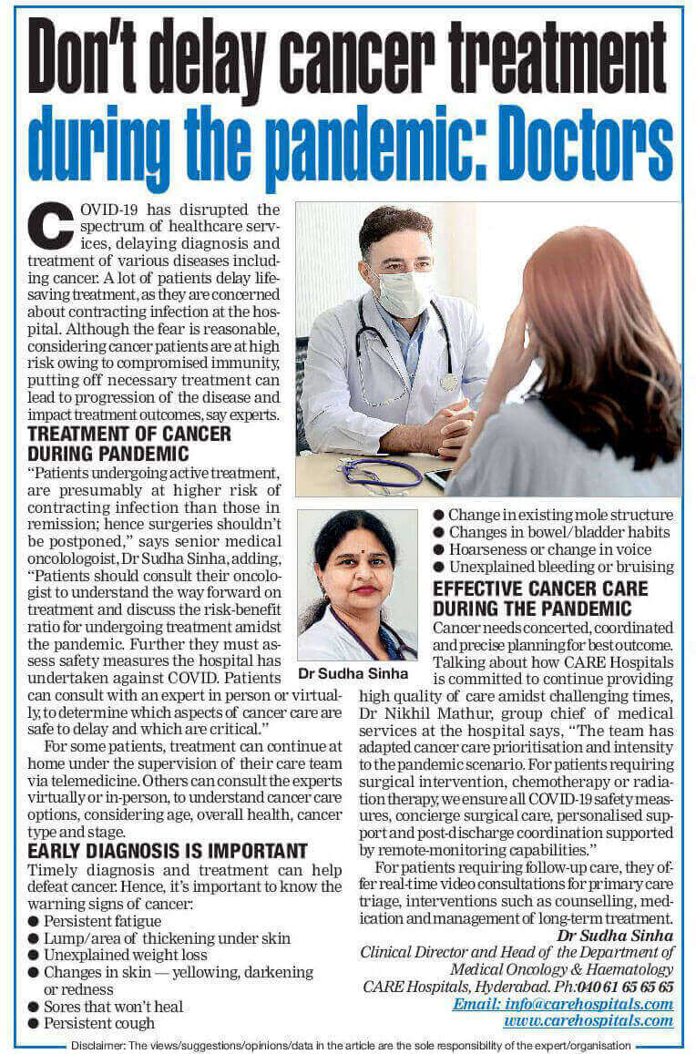Donât Delay Cancer Treatment During the Pandemic by  Dr. Sudha Sinha â Clinical Director & HOD, Medical Oncology Senior Consultant Medical Oncology & Hematology